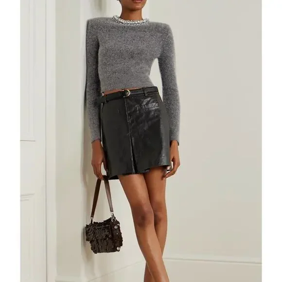 SELF-PORTRAIT Cropped crystal-embellished knitted sweater Gray Size Large - Picture 2 of 11